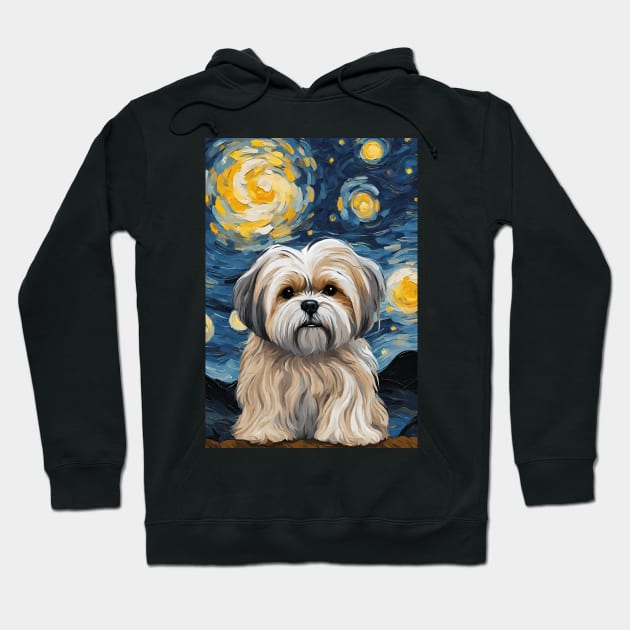 Adorable Lhasa Apso Dog Breed Painting in a Van Gogh Starry Night Art Style Hoodie by Art-Jiyuu